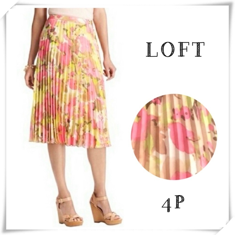 Loft Floral Pleated Flowy Midi Skirt In Pink Size 4 Petite